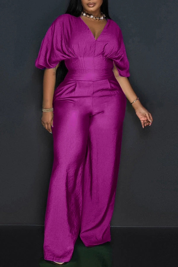 Chic V Neck Short Sleeve Wide Leg Jumpsuit 8 Chic V Neck Short Sleeve Wide Leg Jumpsuit - Image 8