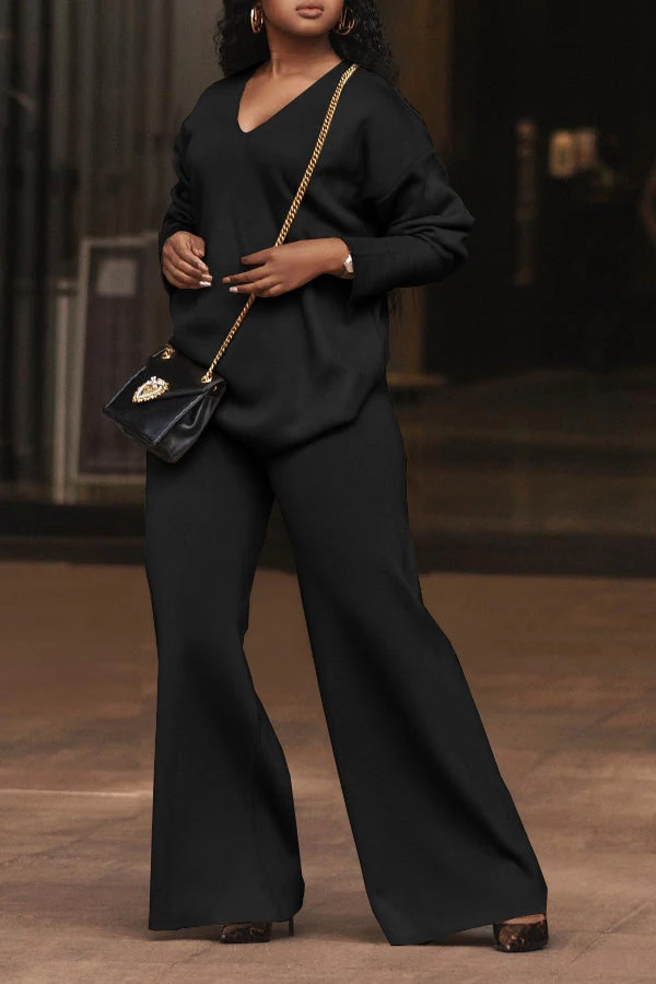 V Neck Split Cuff Blouse & Wide Leg Pants Set 6 V Neck Split Cuff Blouse & Wide Leg Pants Set - Image 6