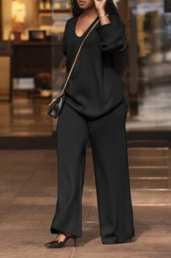 V Neck Split Cuff Blouse & Wide Leg Pants Set 18 V Neck Split Cuff Blouse & Wide Leg Pants Set -Acorpstyle Image 1695349984668