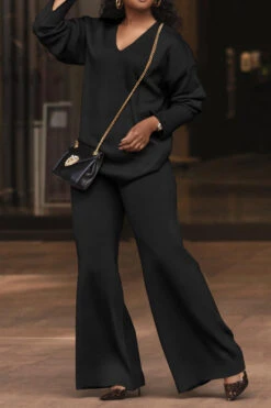 V Neck Split Cuff Blouse & Wide Leg Pants Set 19 V Neck Split Cuff Blouse & Wide Leg Pants Set -Acorpstyle Image 1695349986620