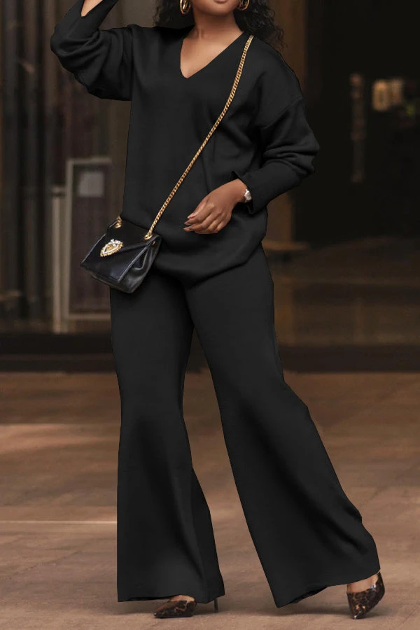 V Neck Split Cuff Blouse & Wide Leg Pants Set 8 V Neck Split Cuff Blouse & Wide Leg Pants Set - Image 8