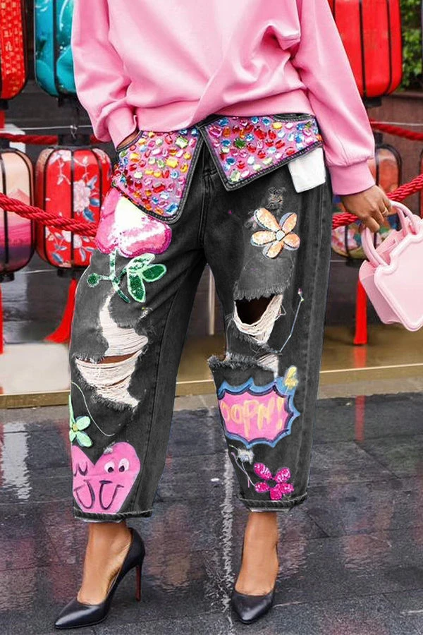 Stylish Graphic Print Ripped Jeans 10 Stylish Graphic Print Ripped Jeans - Image 10