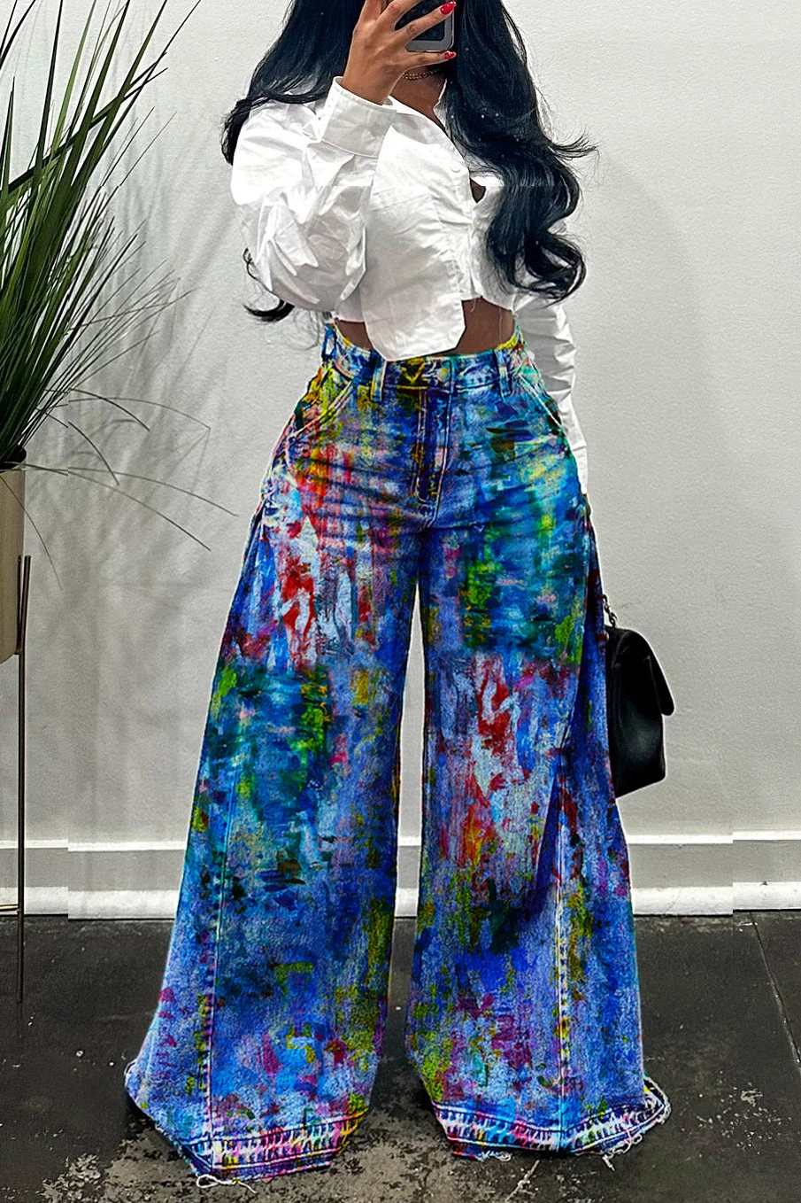 Casual Side Ruched Allover Print Wide Leg Jeans 10 Casual Side Ruched Allover Print Wide Leg Jeans - Image 10