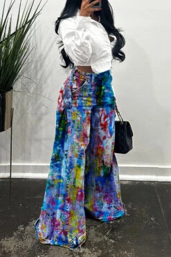 Casual Side Ruched Allover Print Wide Leg Jeans 21 Casual Side Ruched Allover Print Wide Leg Jeans -Acorpstyle XTD2885 BL 5