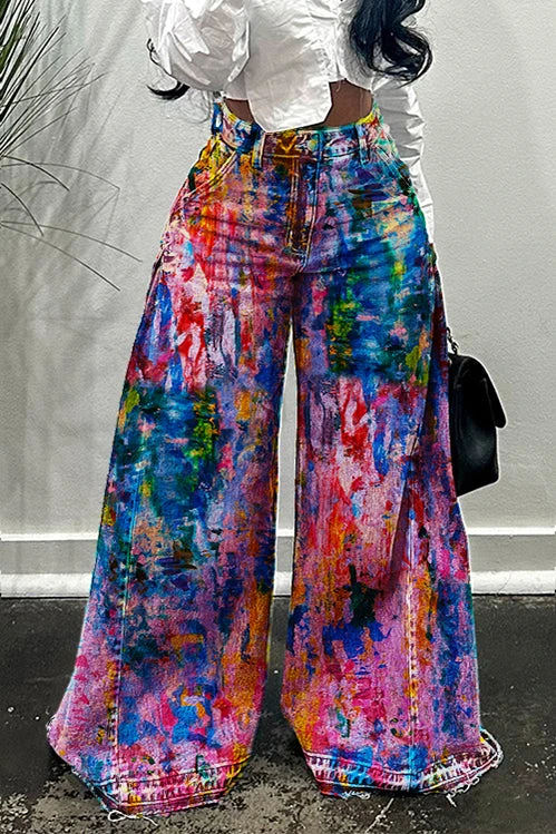 Casual Side Ruched Allover Print Wide Leg Jeans 4 Casual Side Ruched Allover Print Wide Leg Jeans - Image 4