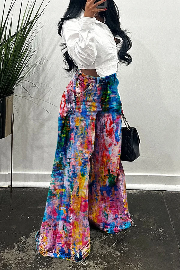 Casual Side Ruched Allover Print Wide Leg Jeans 5 Casual Side Ruched Allover Print Wide Leg Jeans - Image 5