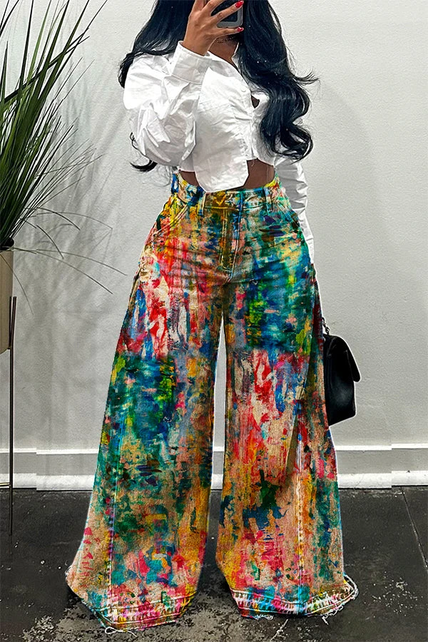 Casual Side Ruched Allover Print Wide Leg Jeans 1 Casual Side Ruched Allover Print Wide Leg Jeans