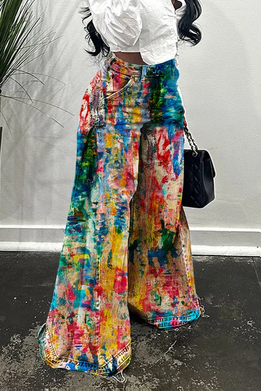 Casual Side Ruched Allover Print Wide Leg Jeans 2 Casual Side Ruched Allover Print Wide Leg Jeans - Image 2