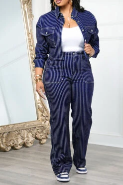 Casual Striped Denim Jacket & Wide Leg Jeans Set -Acorpstyle XTD3052 BL 1