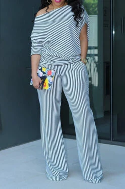 Oblique Neck Striped Top & Pants Set