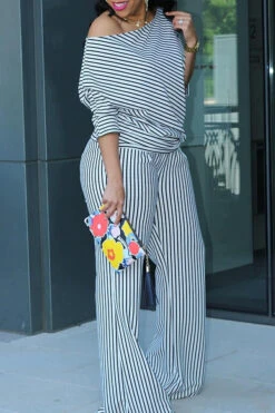 Oblique Neck Striped Top & Pants Set 11 Oblique Neck Striped Top & Pants Set -Acorpstyle XTF0516 WH 3