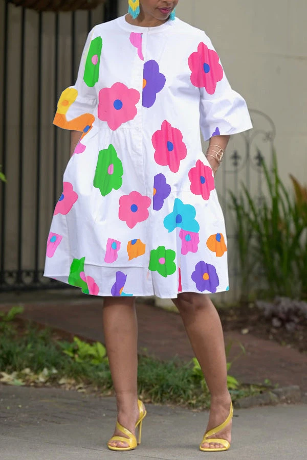 Floral Print Round Neck Ruffle Hem Dress 1 Floral Print Round Neck Ruffle Hem Dress