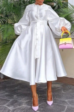 Luxury Balloon Sleeve Belted A-line Dress 13 Luxury Balloon Sleeve Belted A-line Dress -Acorpstyle XTF1506 WH 1