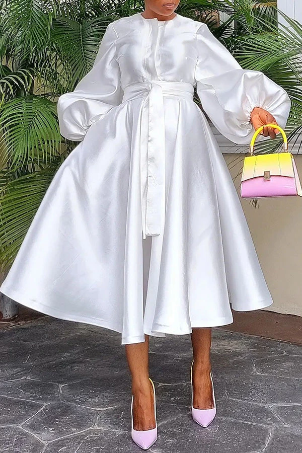 Luxury Balloon Sleeve Belted A-line Dress 5 Luxury Balloon Sleeve Belted A-line Dress - Image 5