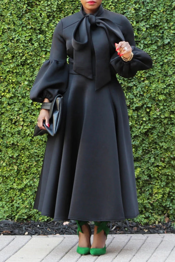 Elegant Bow Tie Lantern Sleeve Midi Dress 1 Elegant Bow Tie Lantern Sleeve Midi Dress