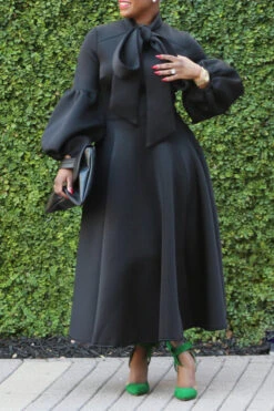 Elegant Bow Tie Lantern Sleeve Midi Dress 16 Elegant Bow Tie Lantern Sleeve Midi Dress -Acorpstyle XTF1746 BK 3