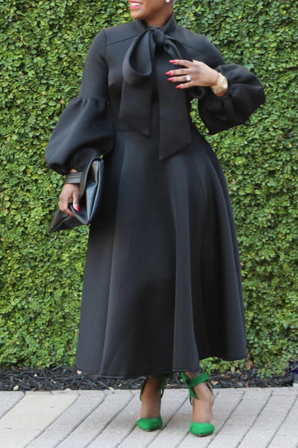 Elegant Bow Tie Lantern Sleeve Midi Dress 3 Elegant Bow Tie Lantern Sleeve Midi Dress - Image 3