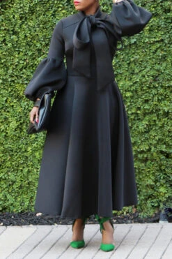 Elegant Bow Tie Lantern Sleeve Midi Dress 17 Elegant Bow Tie Lantern Sleeve Midi Dress -Acorpstyle XTF1746 BK 4