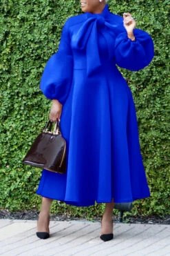 Elegant Bow Tie Lantern Sleeve Midi Dress 23 Elegant Bow Tie Lantern Sleeve Midi Dress -Acorpstyle XTF1746 BL 2