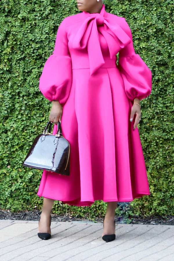 Elegant Bow Tie Lantern Sleeve Midi Dress 7 Elegant Bow Tie Lantern Sleeve Midi Dress - Image 7