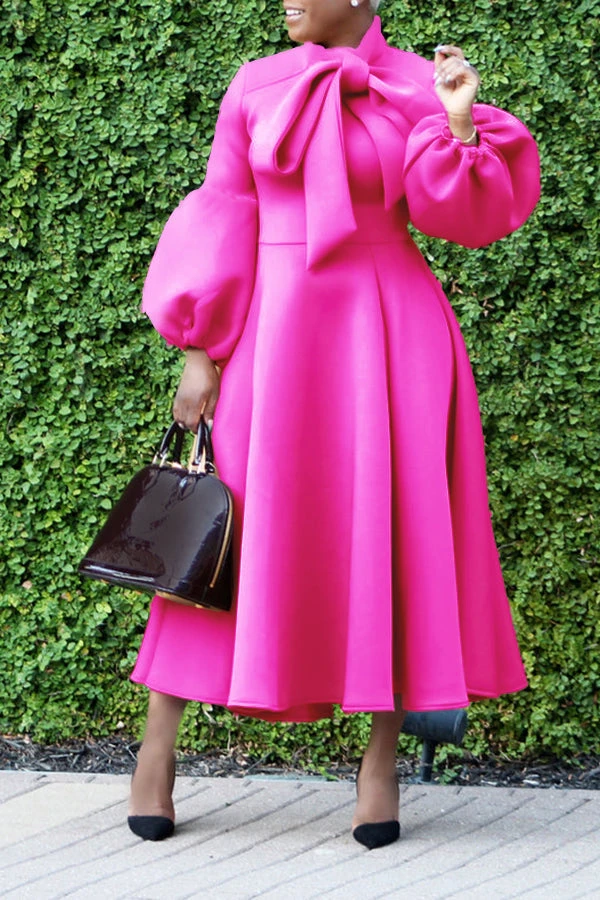 Elegant Bow Tie Lantern Sleeve Midi Dress 8 Elegant Bow Tie Lantern Sleeve Midi Dress - Image 8