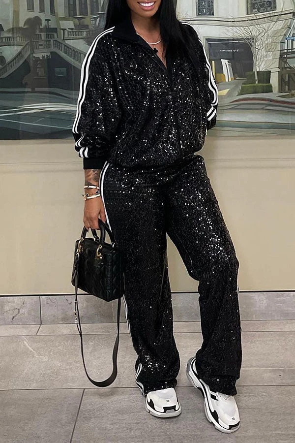 Sequin Panel Striped Jacket & Pants Set 2 Sequin Panel Striped Jacket & Pants Set - Image 2