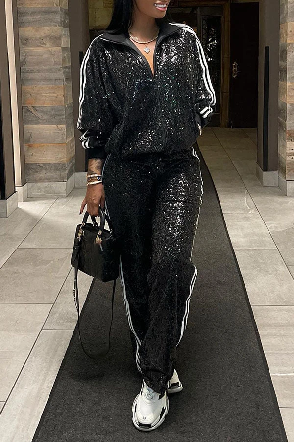 Sequin Panel Striped Jacket & Pants Set 1 Sequin Panel Striped Jacket & Pants Set