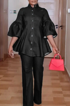 Flounce Sleeve Peplum Top & Pants Set 8 Flounce Sleeve Peplum Top & Pants Set -Acorpstyle XTF1881 BK 2