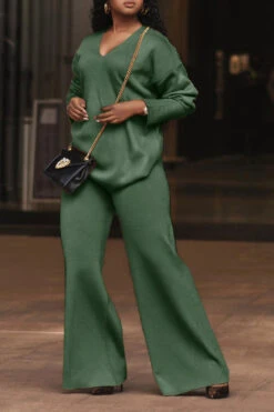 V Neck Split Cuff Blouse & Wide Leg Pants Set 20 V Neck Split Cuff Blouse & Wide Leg Pants Set -Acorpstyle XTF1958 AG 1
