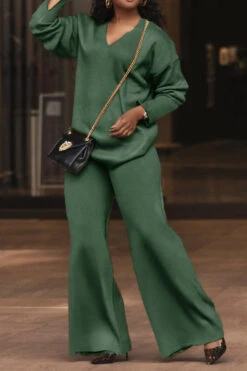 V Neck Split Cuff Blouse & Wide Leg Pants Set 21 V Neck Split Cuff Blouse & Wide Leg Pants Set -Acorpstyle XTF1958 AG 2