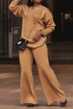 V Neck Split Cuff Blouse & Wide Leg Pants Set 14 V Neck Split Cuff Blouse & Wide Leg Pants Set -Acorpstyle XTF1958 BR 2