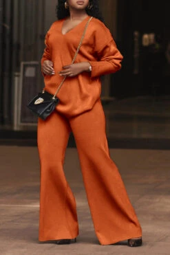 V Neck Split Cuff Blouse & Wide Leg Pants Set 15 V Neck Split Cuff Blouse & Wide Leg Pants Set -Acorpstyle XTF1958 OR 1
