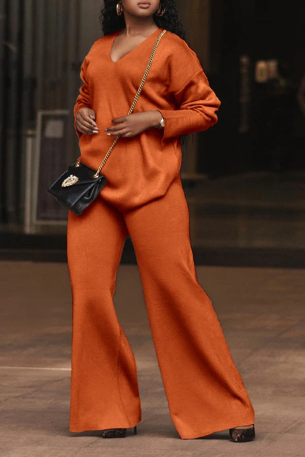 V Neck Split Cuff Blouse & Wide Leg Pants Set 4 V Neck Split Cuff Blouse & Wide Leg Pants Set - Image 4