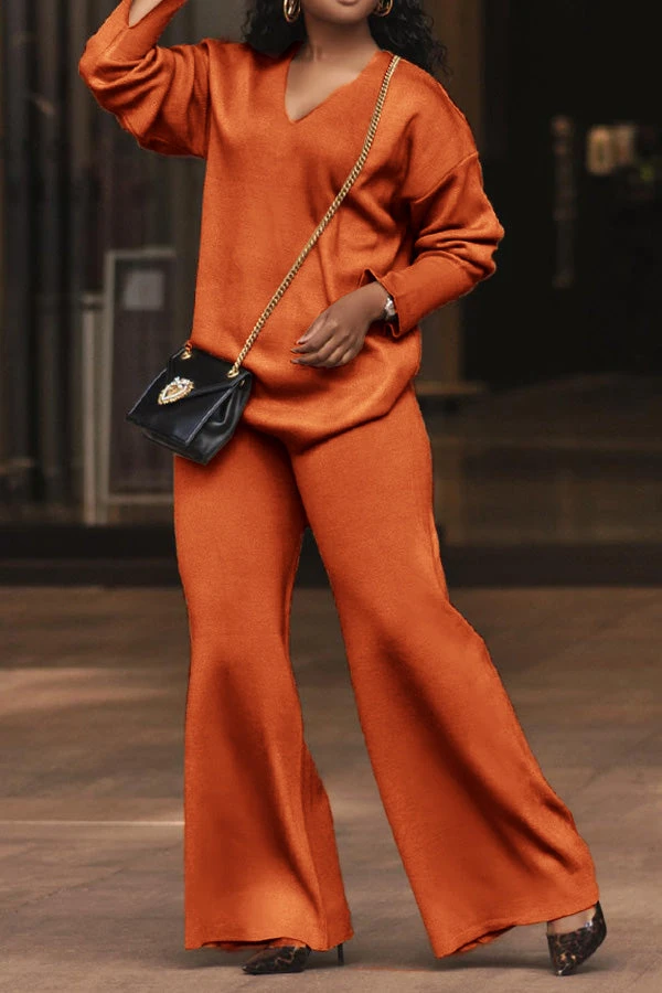 V Neck Split Cuff Blouse & Wide Leg Pants Set 5 V Neck Split Cuff Blouse & Wide Leg Pants Set - Image 5