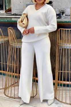 V Neck Split Cuff Blouse & Wide Leg Pants Set 23 V Neck Split Cuff Blouse & Wide Leg Pants Set -Acorpstyle XTF1958 WH 1