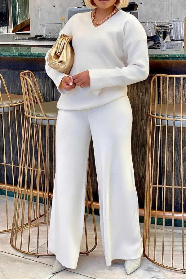 V Neck Split Cuff Blouse & Wide Leg Pants Set 12 V Neck Split Cuff Blouse & Wide Leg Pants Set - Image 12