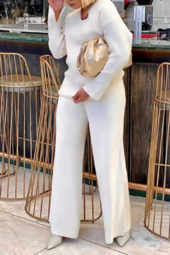 V Neck Split Cuff Blouse & Wide Leg Pants Set 22 V Neck Split Cuff Blouse & Wide Leg Pants Set -Acorpstyle XTF1958 WH 2
