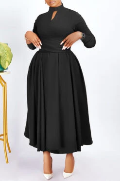 Elegant Mock Neck Belted Flare Dress 14 Elegant Mock Neck Belted Flare Dress -Acorpstyle XTF2439 BK 1