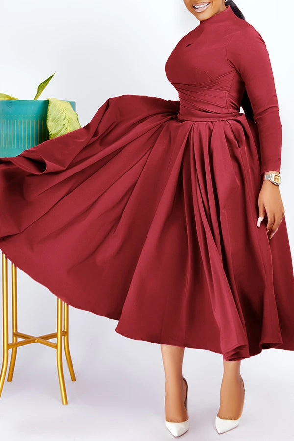 Elegant Mock Neck Belted Flare Dress 6 Elegant Mock Neck Belted Flare Dress - Image 6