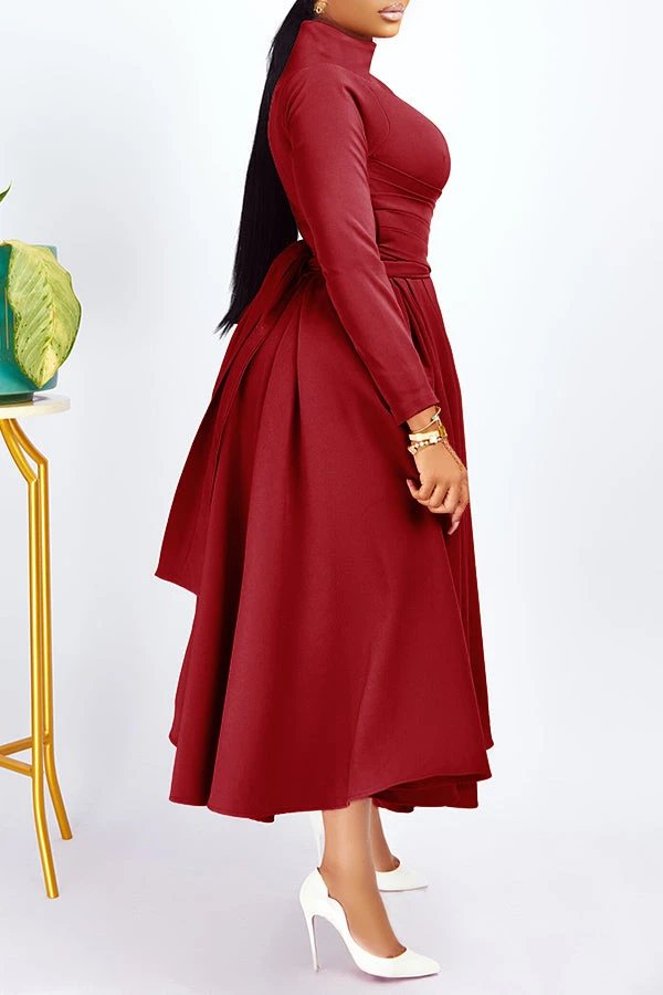 Elegant Mock Neck Belted Flare Dress 5 Elegant Mock Neck Belted Flare Dress - Image 5