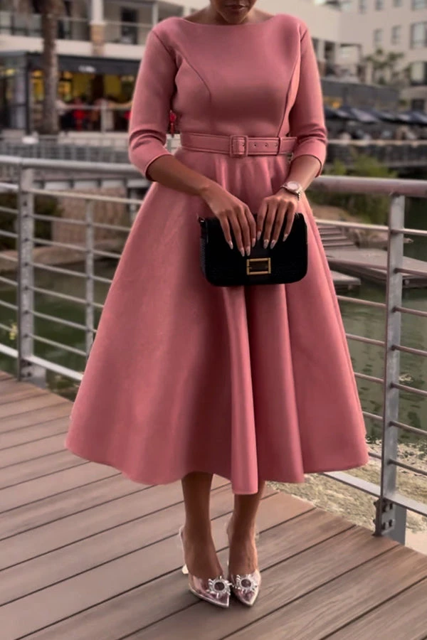 Elegant Belted Ruffle Hem Midi Dress 3 Elegant Belted Ruffle Hem Midi Dress - Image 3