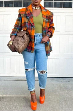 Stylish Plaid Notched Collar Boucle Blazer -Acorpstyle XTF3312 OR 4