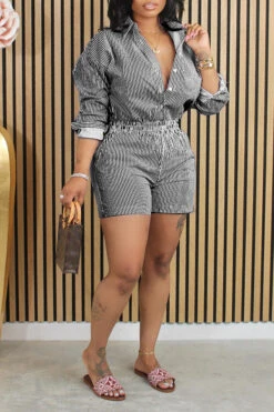 Leisure Striped Button Down Shirt & Shorts Set 6 Leisure Striped Button Down Shirt & Shorts Set -Acorpstyle XTF3906 BK 1