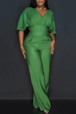 Chic V Neck Short Sleeve Wide Leg Jumpsuit 10 Chic V Neck Short Sleeve Wide Leg Jumpsuit -Acorpstyle XTF4116 GR 3