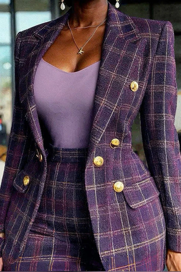 Stylish Plaid Lapel Collar Blazer & Pants Set 2 Stylish Plaid Lapel Collar Blazer & Pants Set - Image 2