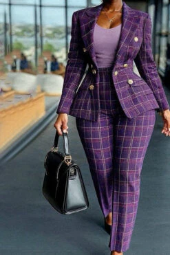 Stylish Plaid Lapel Collar Blazer & Pants Set