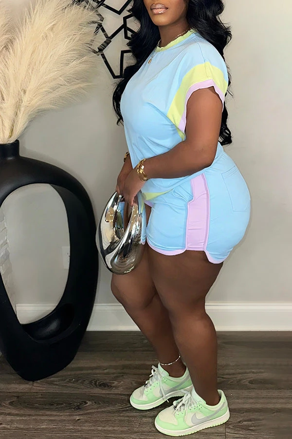 Bright Color Block T-shirt & Shorts Set 2 Bright Color Block T-shirt & Shorts Set - Image 2