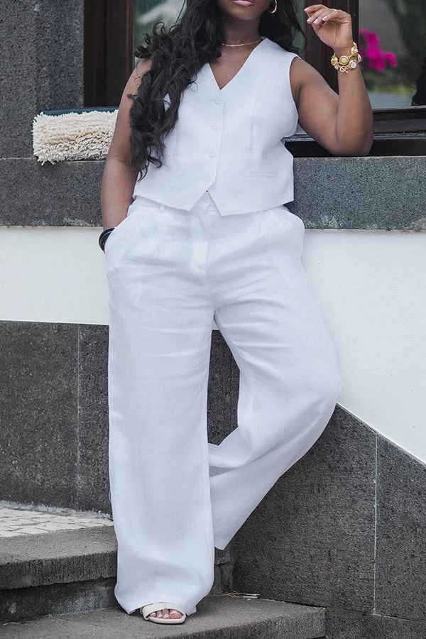 Solid Button Up Vest & Wide Leg Pants Set 2 Solid Button Up Vest & Wide Leg Pants Set - Image 2