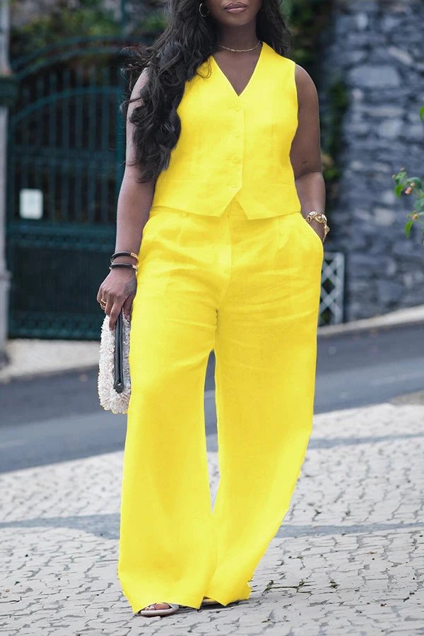 Solid Button Up Vest & Wide Leg Pants Set 5 Solid Button Up Vest & Wide Leg Pants Set - Image 5