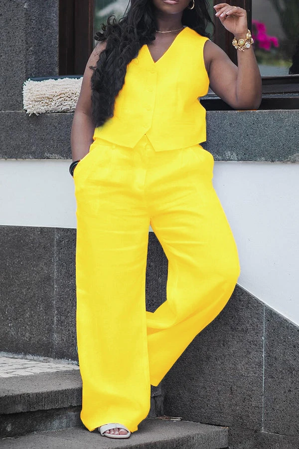 Solid Button Up Vest & Wide Leg Pants Set 6 Solid Button Up Vest & Wide Leg Pants Set - Image 6